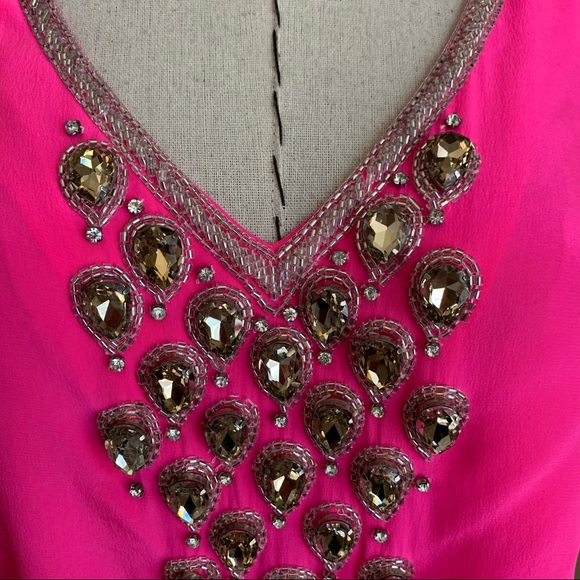 Karina Grimaldi Neon Pink Silk Embellished Rhinestone Beaded Party Dress Revolve - Picture 10 of 16